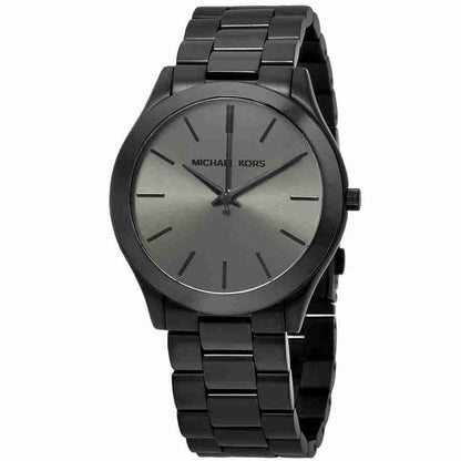 Michael Kors Slim Runway MK8507 women’s watch with black sunray dial, minimalist hour markers and black stainless steel bracelet.