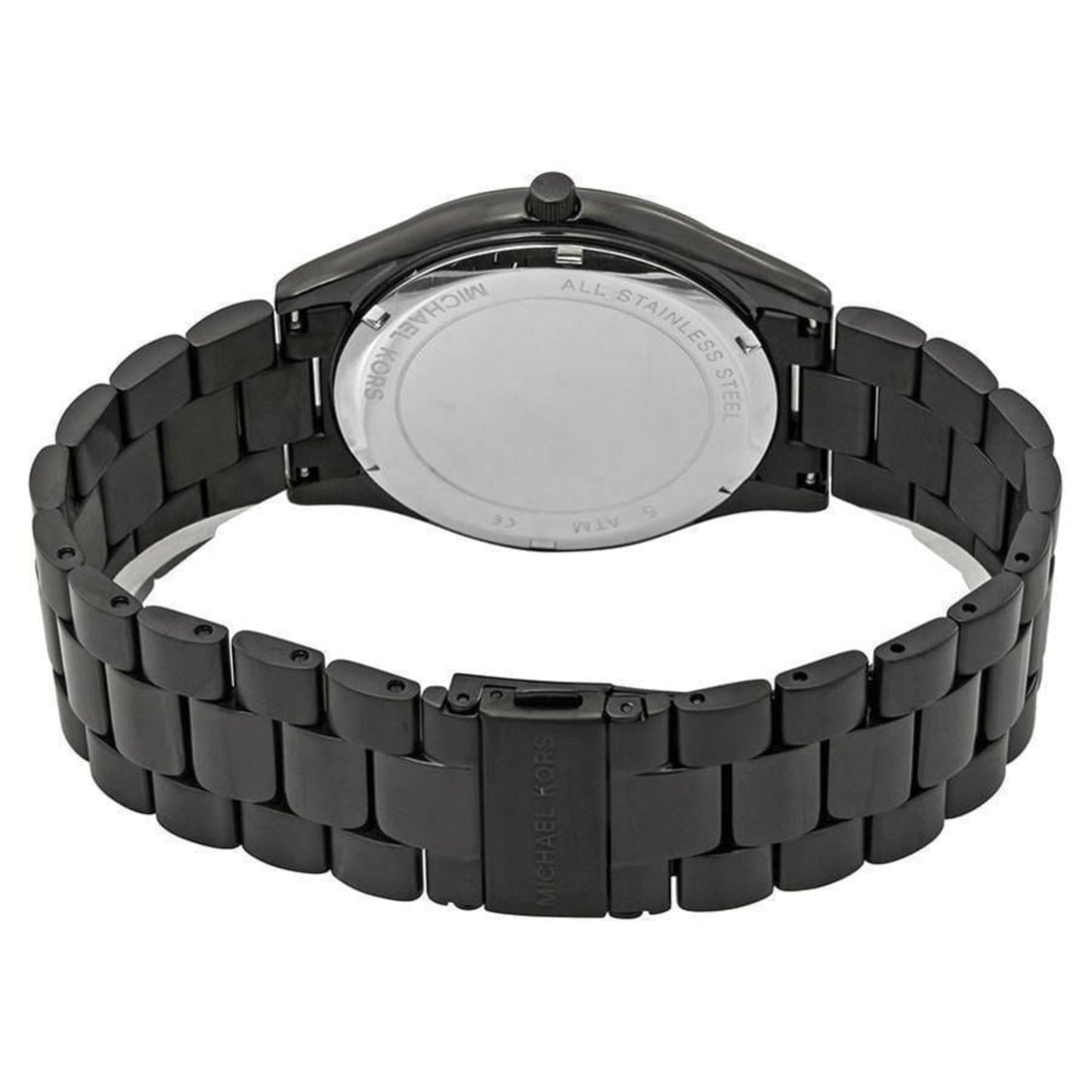 Michael Kors Slim Runway MK8507 with stainless steel caseback, black link bracelet and fold-over clasp with engraved logo.