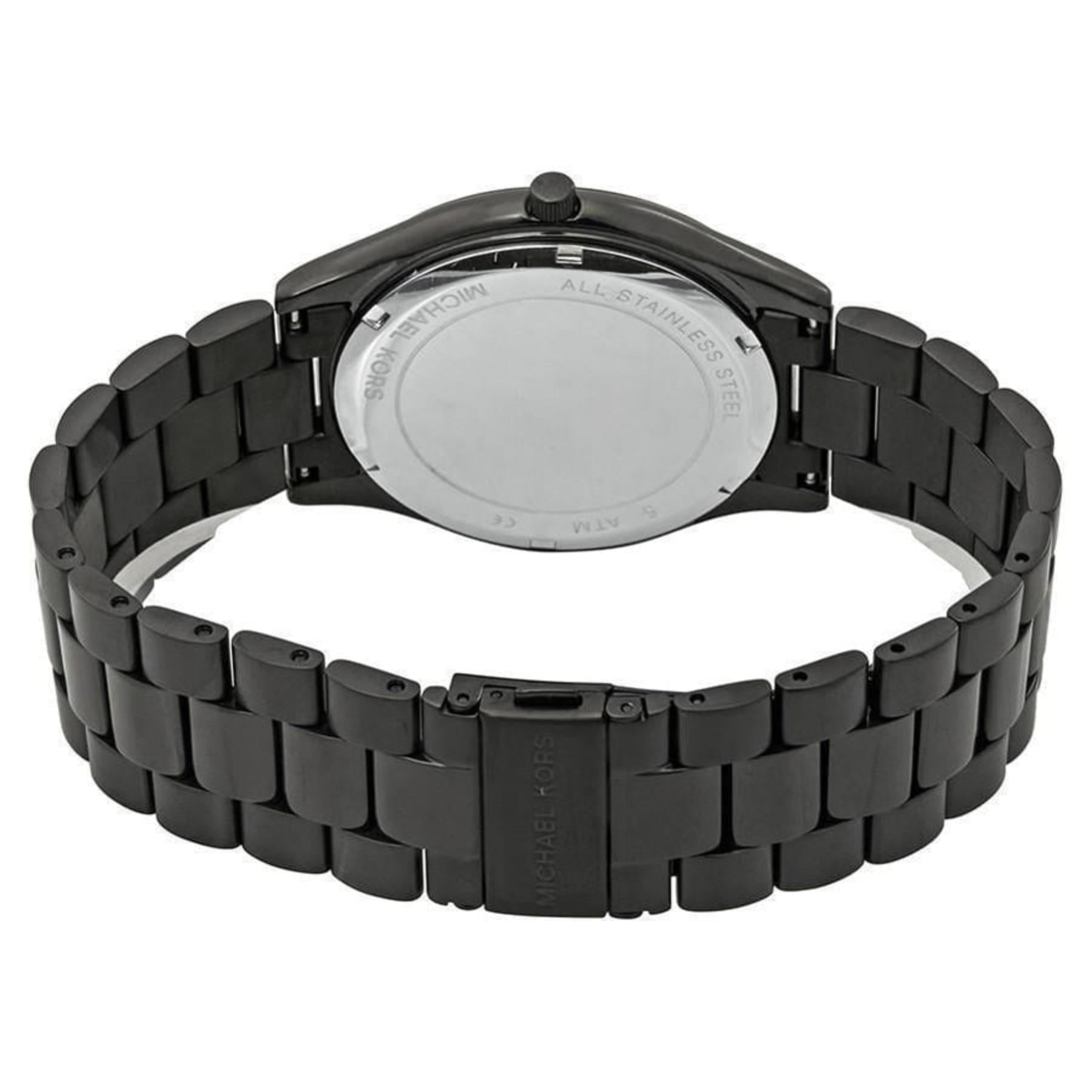 Michael Kors Slim Runway MK8507 with stainless steel caseback, black link bracelet and fold-over clasp with engraved logo.