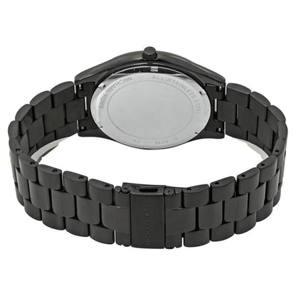 Michael Kors Slim Runway MK8507 with stainless steel caseback, black link bracelet and fold-over clasp with engraved logo.