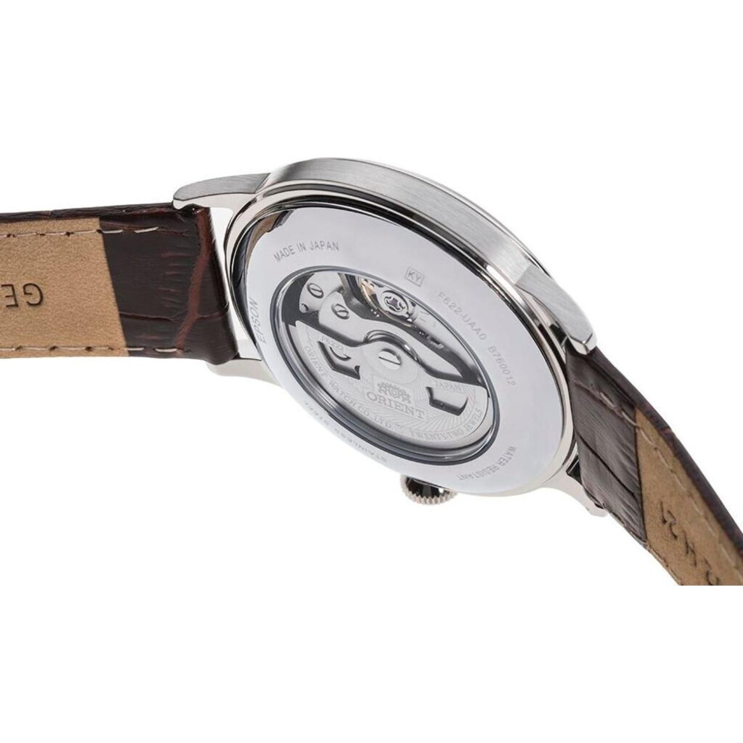Orient Bambino Small Seconds RA-AP0002S10B rear angled view showing the exhibition caseback, automatic movement, and brown crocodile-pattern leather strap.