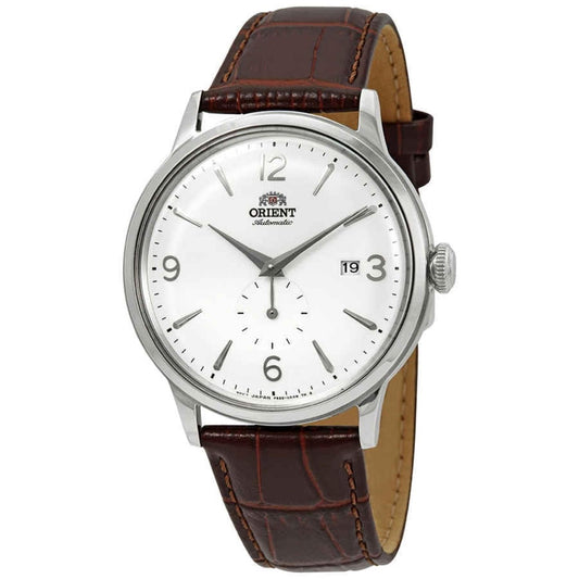 Orient Bambino Small Seconds RA-AP0002S10B automatic dress watch with white dial, small seconds subdial, silver-tone case, and brown crocodile-pattern leather strap.