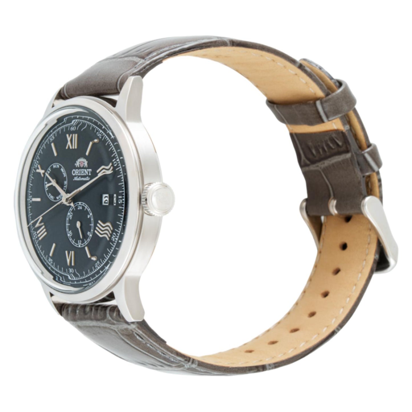 Orient Bambino Version 8 RA-AK0704N10B automatic dress watch with gray dial, Roman numeral markers, polished stainless steel case and dark crocodile-pattern leather strap shown in angled profile view.