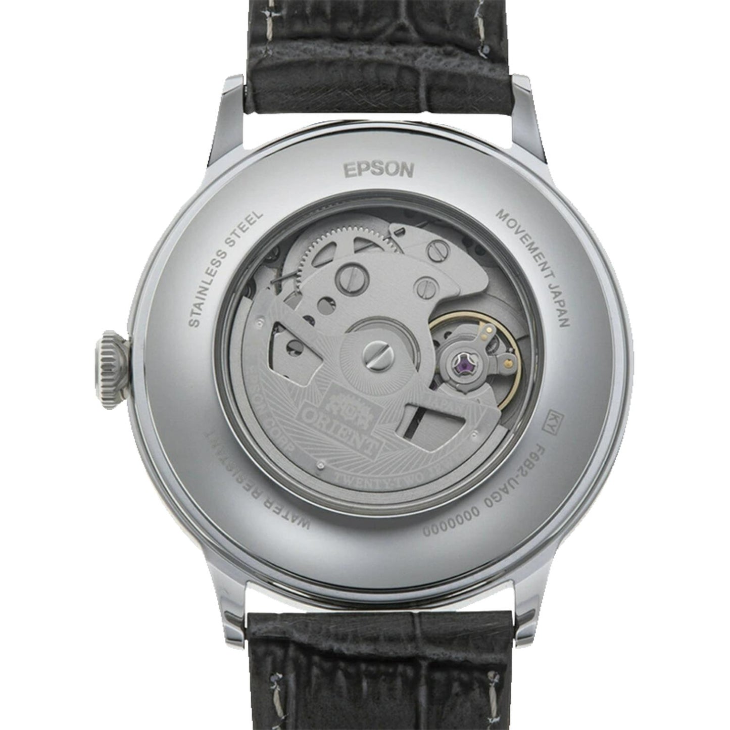 Orient Bambino Version 8 RA-AK0704N10B automatic dress watch with exhibition caseback showing Epson automatic movement and dark crocodile-pattern leather strap.