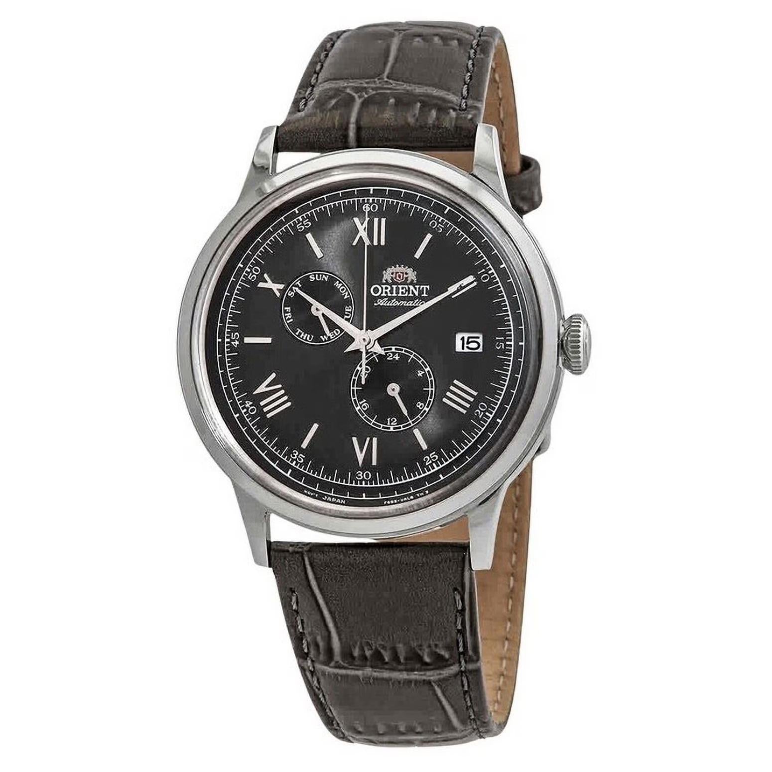 Orient Bambino Version 8 RA-AK0704N10B automatic dress watch with gray dial, Roman numeral markers, day-date display and dark leather strap.