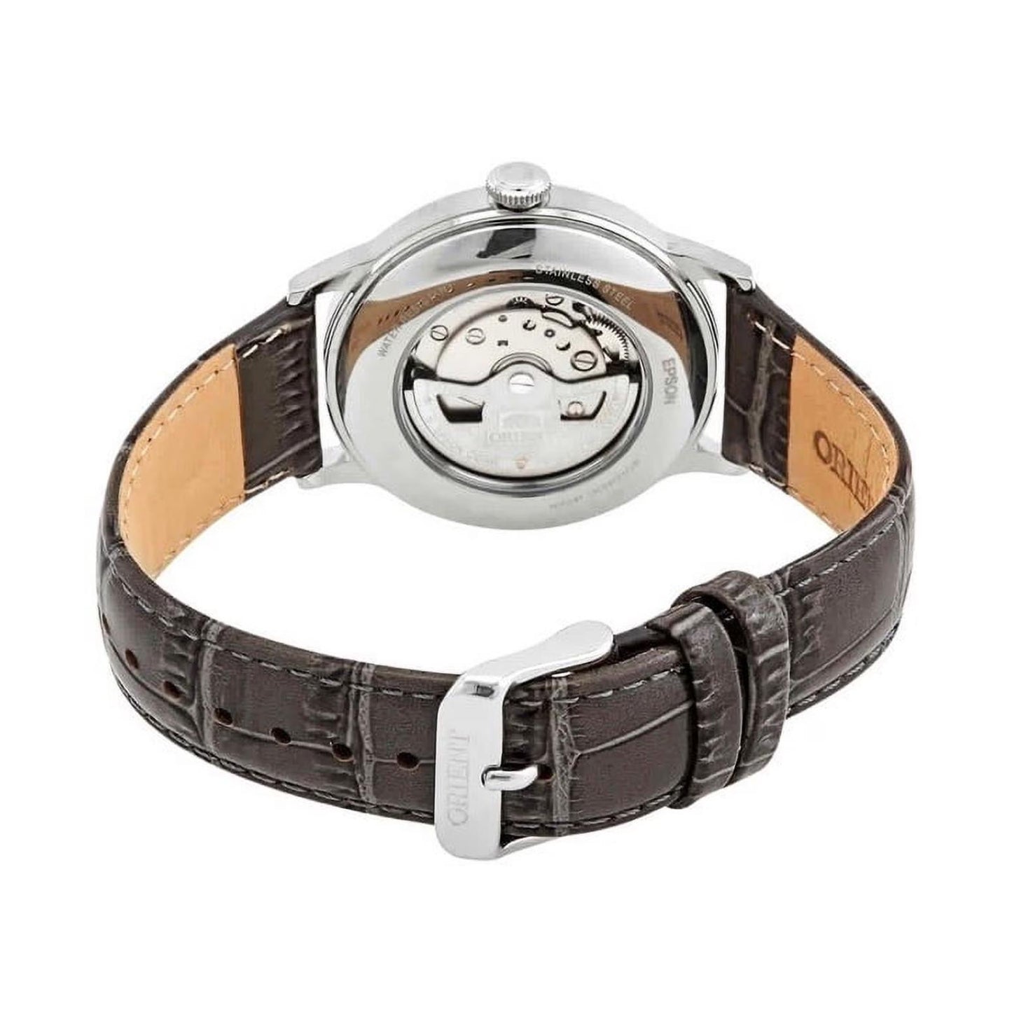 Orient Bambino Version 8 RA-AK0704N10B automatic dress watch with exhibition caseback, visible automatic movement and dark crocodile-pattern leather strap with buckle closure.