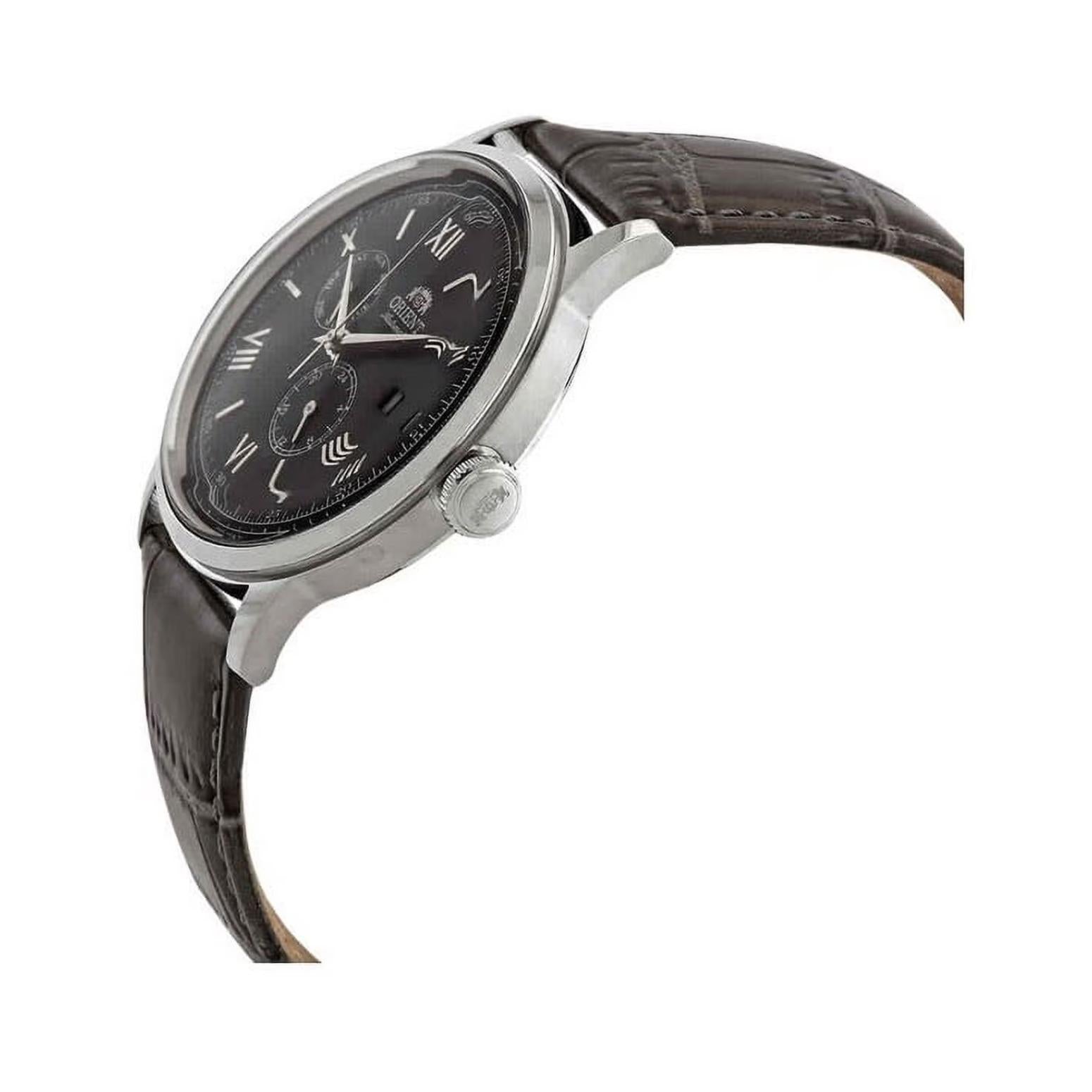 Orient Bambino Version 8 RA-AK0704N10B automatic dress watch with domed gray dial, polished stainless steel case and dark crocodile-pattern leather strap shown in angled side profile.