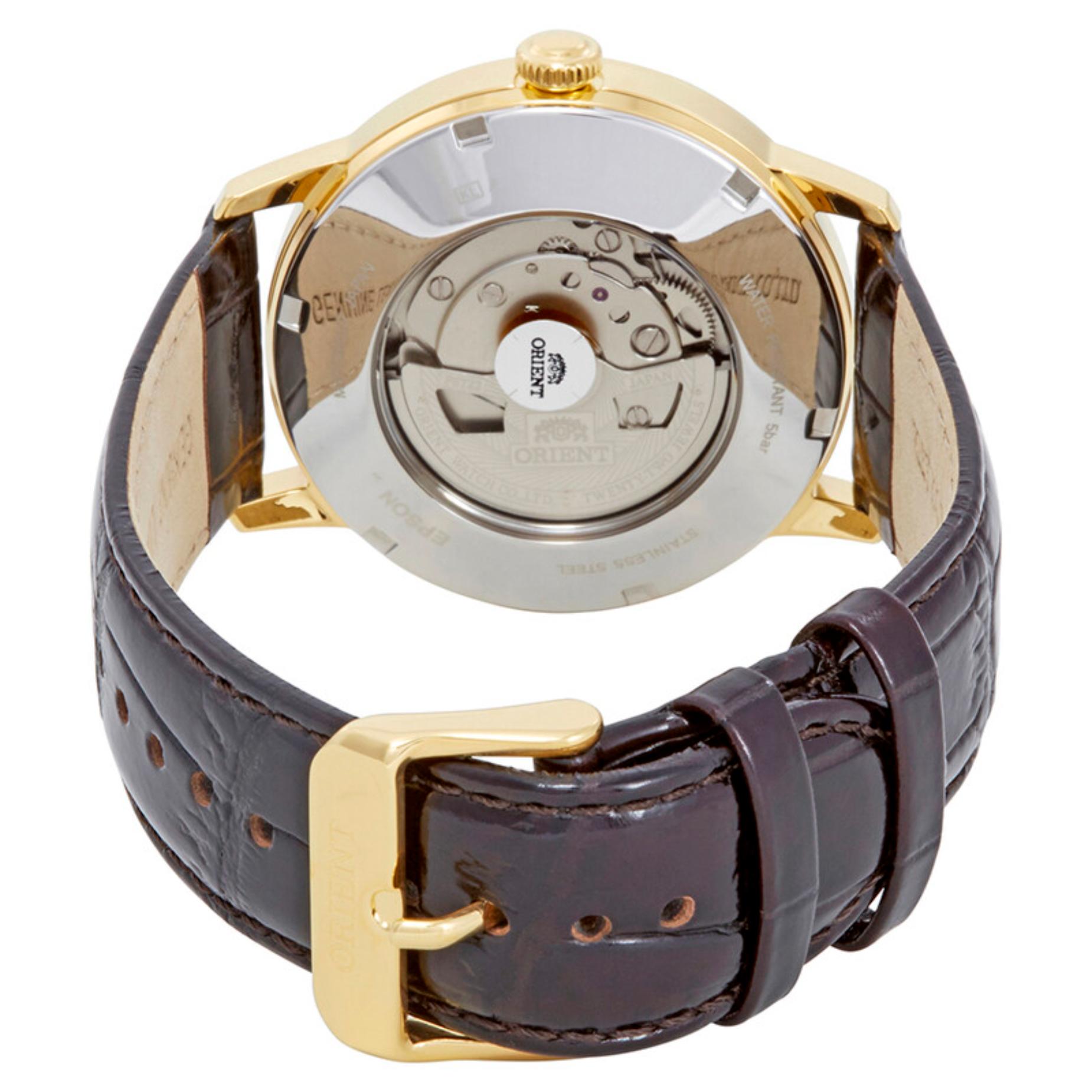 Orient Esteem II Open Heart FAG02003W0 rear view showing the exhibition caseback, automatic movement, brown crocodile-pattern leather strap, and gold-tone buckle closure.