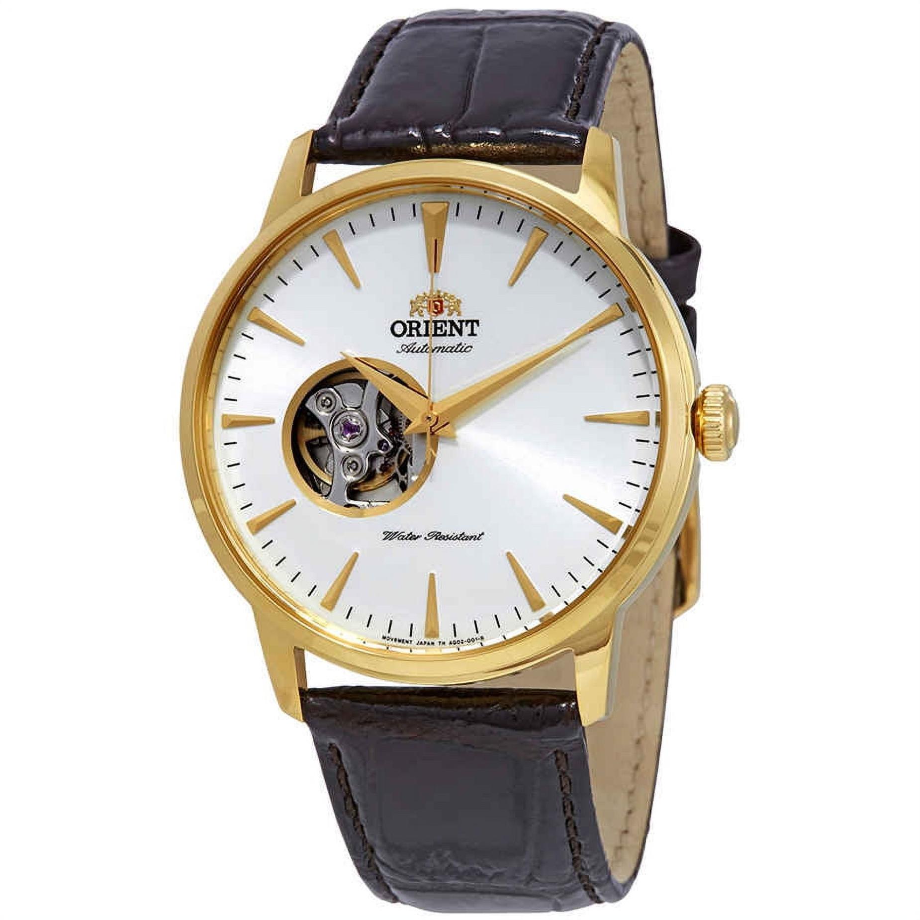 Orient Esteem II Open Heart FAG02003W0 automatic dress watch with white open-heart dial, gold-tone case, and brown crocodile-pattern leather strap.
