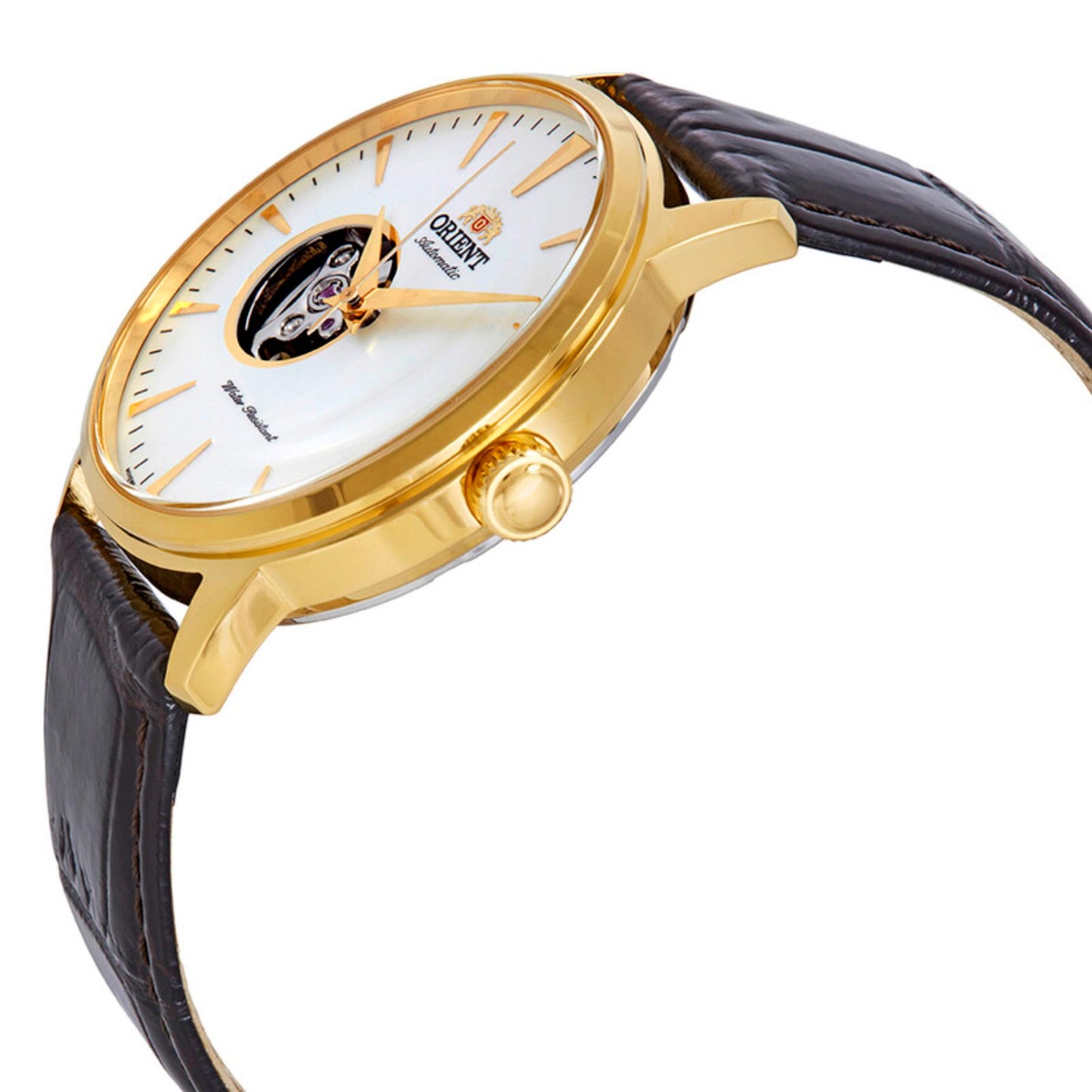 Orient Esteem II Open Heart FAG02003W0 side profile view showing the slim gold-tone case, open-heart dial, and brown crocodile-pattern leather strap.