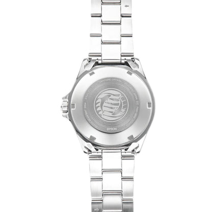 Orient Mako 3 RA-AA0818L19B automatic dive watch with engraved stainless steel caseback featuring Epson logo and stainless steel bracelet detail.