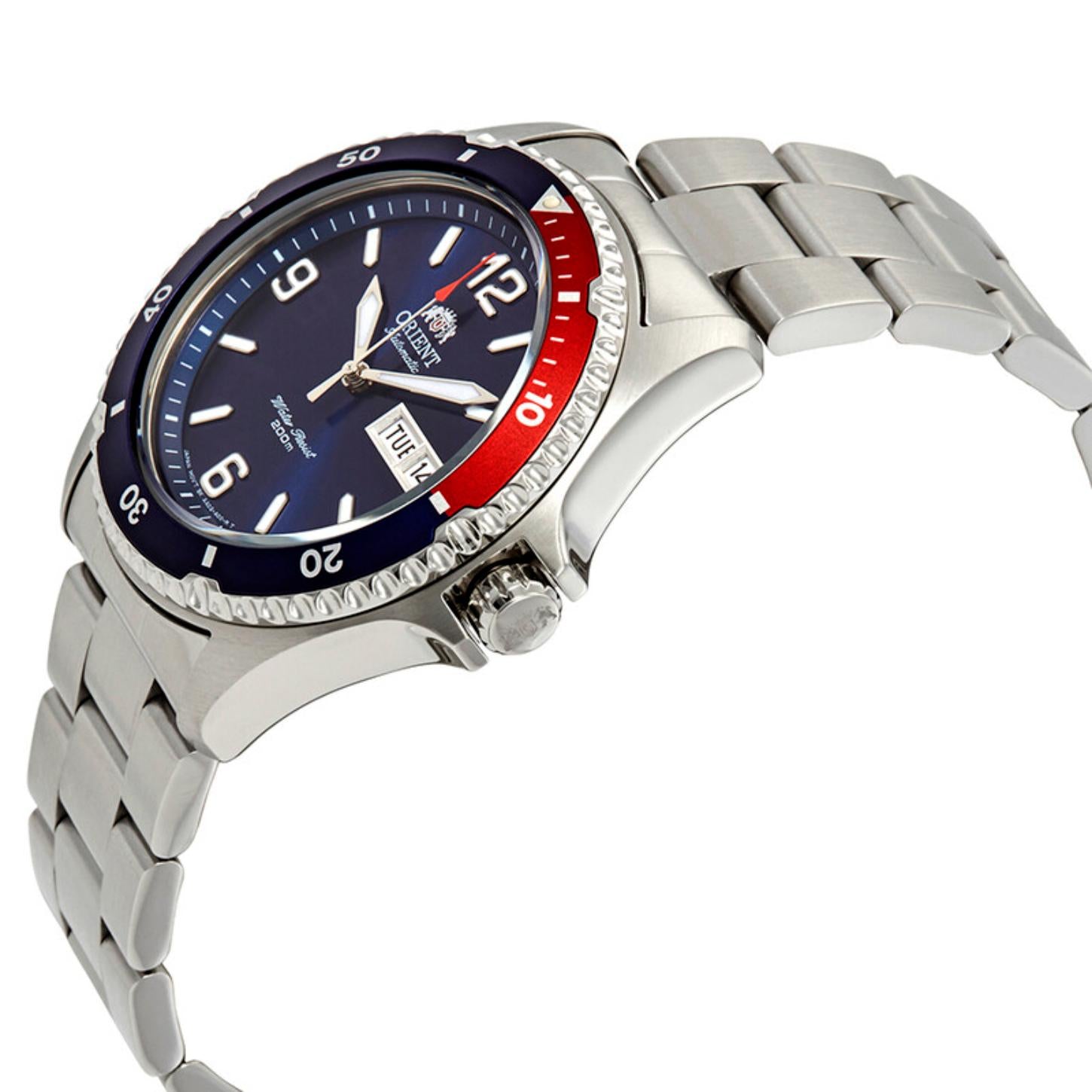 Orient Mako II AA02009D automatic dive watch with blue dial, Pepsi-style red and blue bezel and stainless steel bracelet shown in angled side profile.