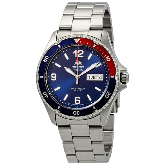 Orient Mako II AA02009D automatic dive watch with blue dial, Pepsi-style red and blue bezel, luminous markers and stainless steel bracelet.