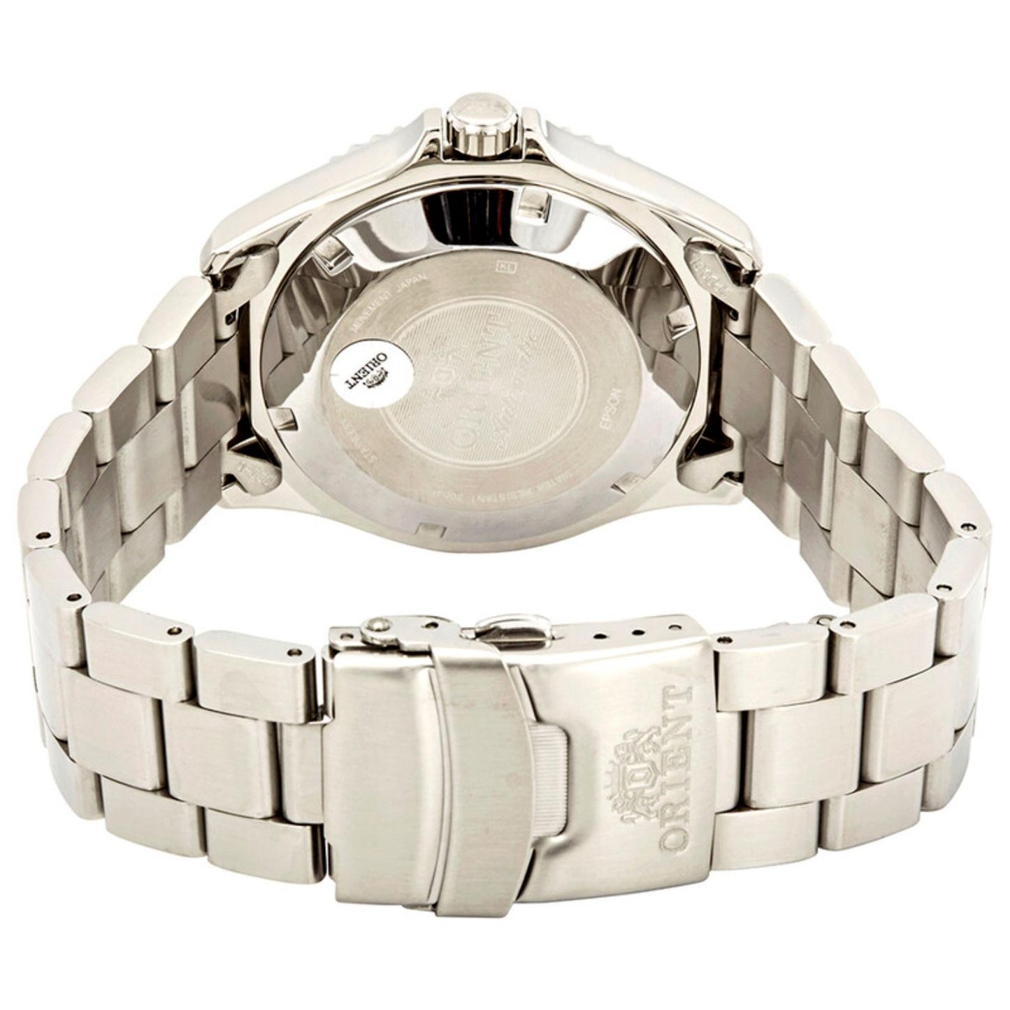 Orient Mako II AA02009D automatic dive watch with engraved stainless steel caseback, stainless steel bracelet and secure folding clasp detail.