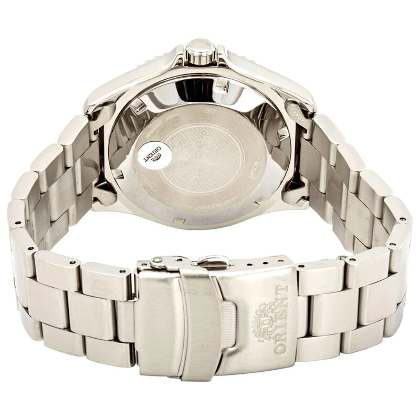 Orient Mako II AA02009D automatic dive watch with engraved stainless steel caseback, stainless steel bracelet and secure folding clasp detail.