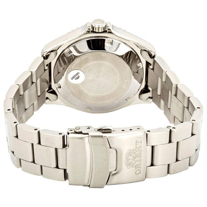 Orient Mako II AA02009D automatic dive watch with engraved stainless steel caseback, stainless steel bracelet and secure folding clasp detail.