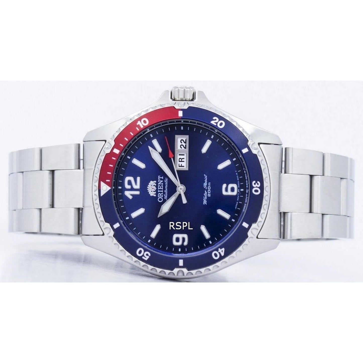 Orient Mako II AA02009D automatic dive watch with blue dial, Pepsi-style red and blue bezel and stainless steel bracelet displayed in horizontal lifestyle view.