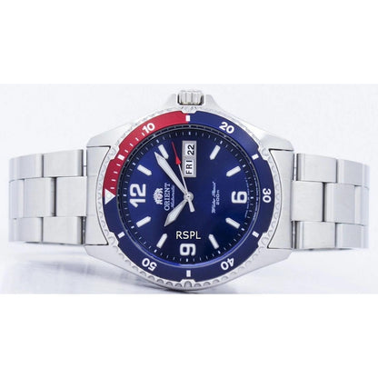 Orient Mako II AA02009D automatic dive watch with blue dial, Pepsi-style red and blue bezel and stainless steel bracelet displayed in horizontal lifestyle view.