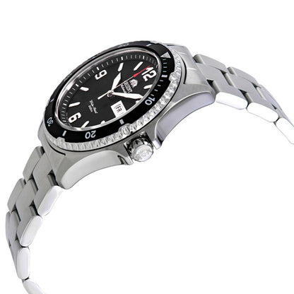 Orient Mako II FAA02001B9 angled side profile view showing the stainless steel case, black rotating bezel, signed crown, and stainless steel bracelet.