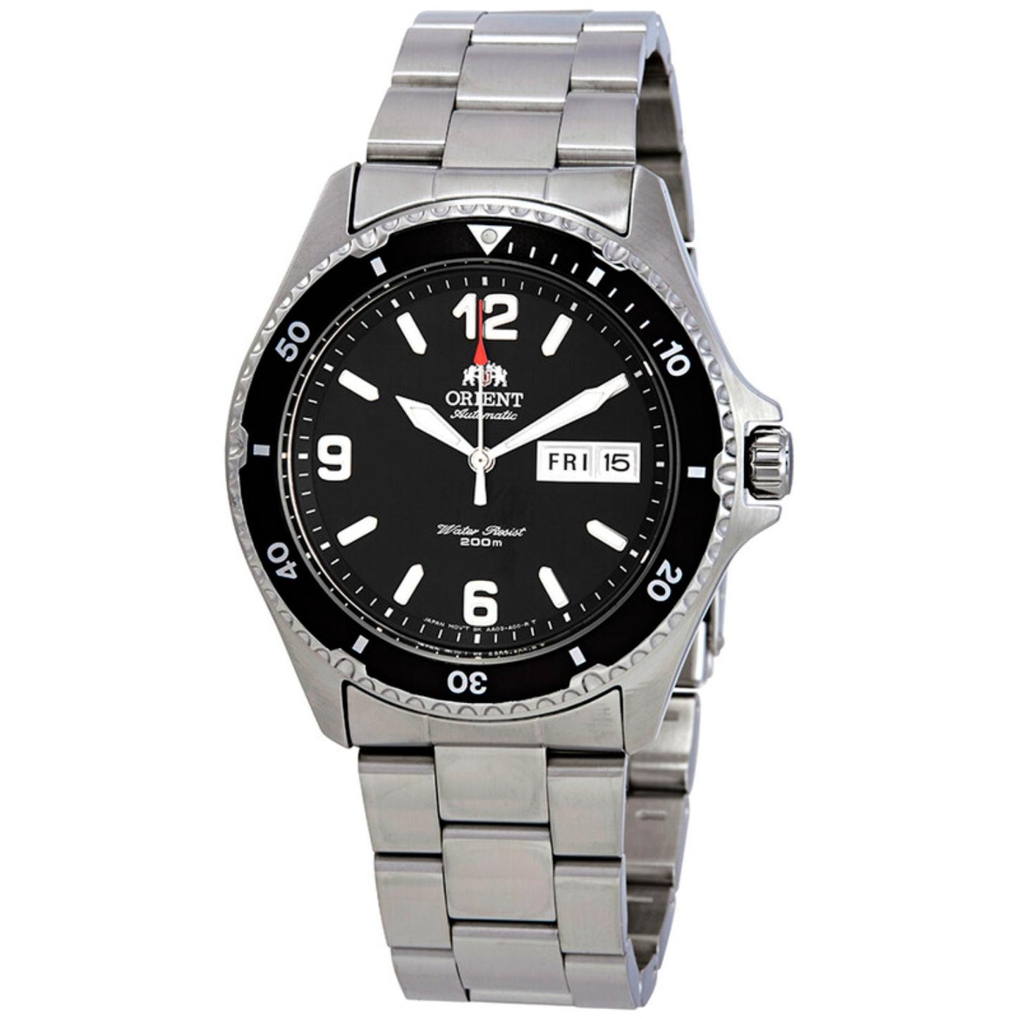 Orient Mako II FAA02001B9 automatic dive watch with black dial, black rotating bezel, and stainless steel bracelet.