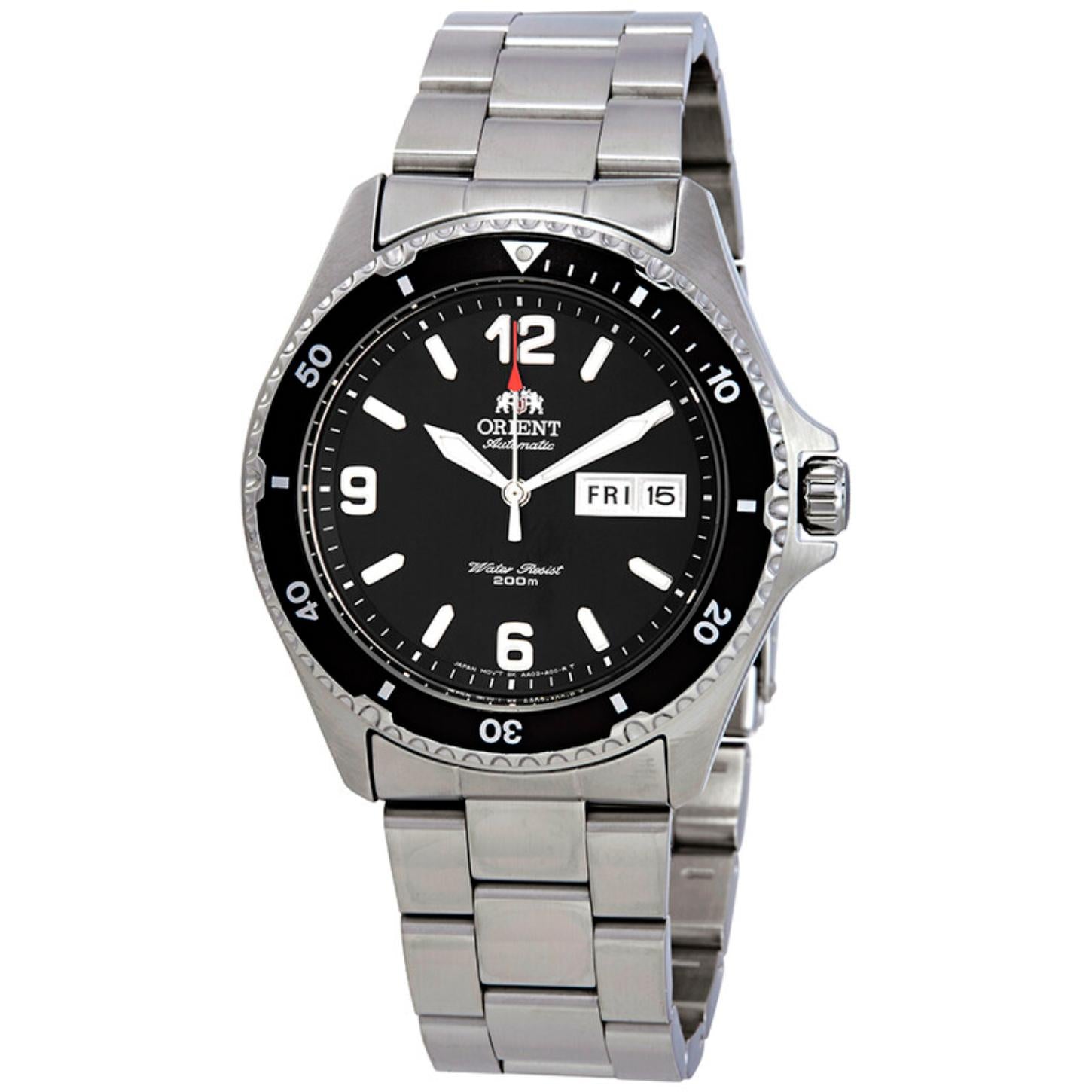Orient Mako II FAA02001B9 automatic dive watch with black dial, black rotating bezel, and stainless steel bracelet.
