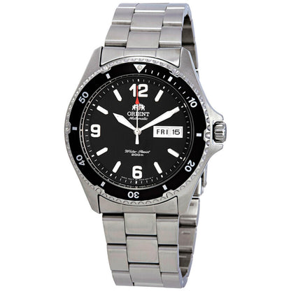 Orient Mako II FAA02001B9 automatic dive watch with black dial, black rotating bezel, and stainless steel bracelet.