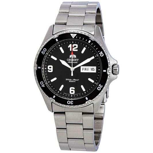 Orient Mako II FAA02001B9 automatic dive watch with black dial, black rotating bezel, and stainless steel bracelet.