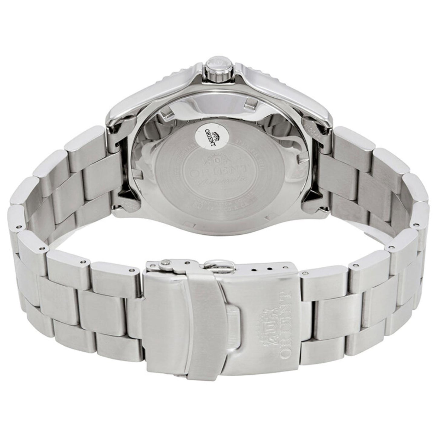 Orient Mako II FAA02001B9 rear view showing the stainless steel caseback, stainless steel bracelet, and fold-over dive clasp closure.
