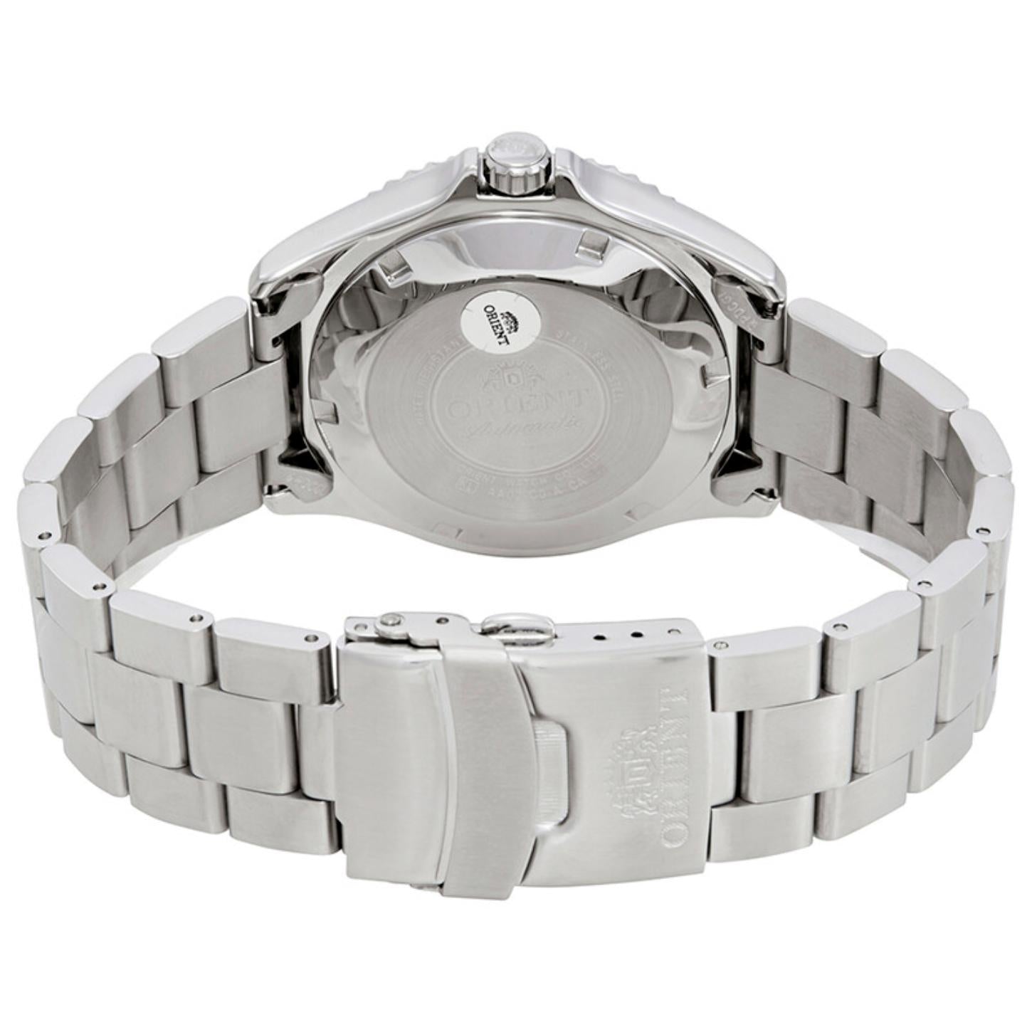 Orient Mako II FAA02001B9 rear view showing the stainless steel caseback, stainless steel bracelet, and fold-over dive clasp closure.