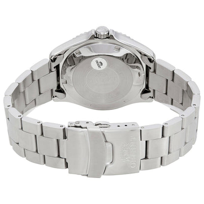 Orient Mako II FAA02001B9 rear view showing the stainless steel caseback, stainless steel bracelet, and fold-over dive clasp closure.