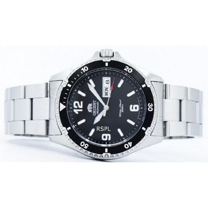 Orient Mako II FAA02001B9 automatic dive watch with black dial, black rotating bezel, and stainless steel bracelet displayed in a horizontal position.