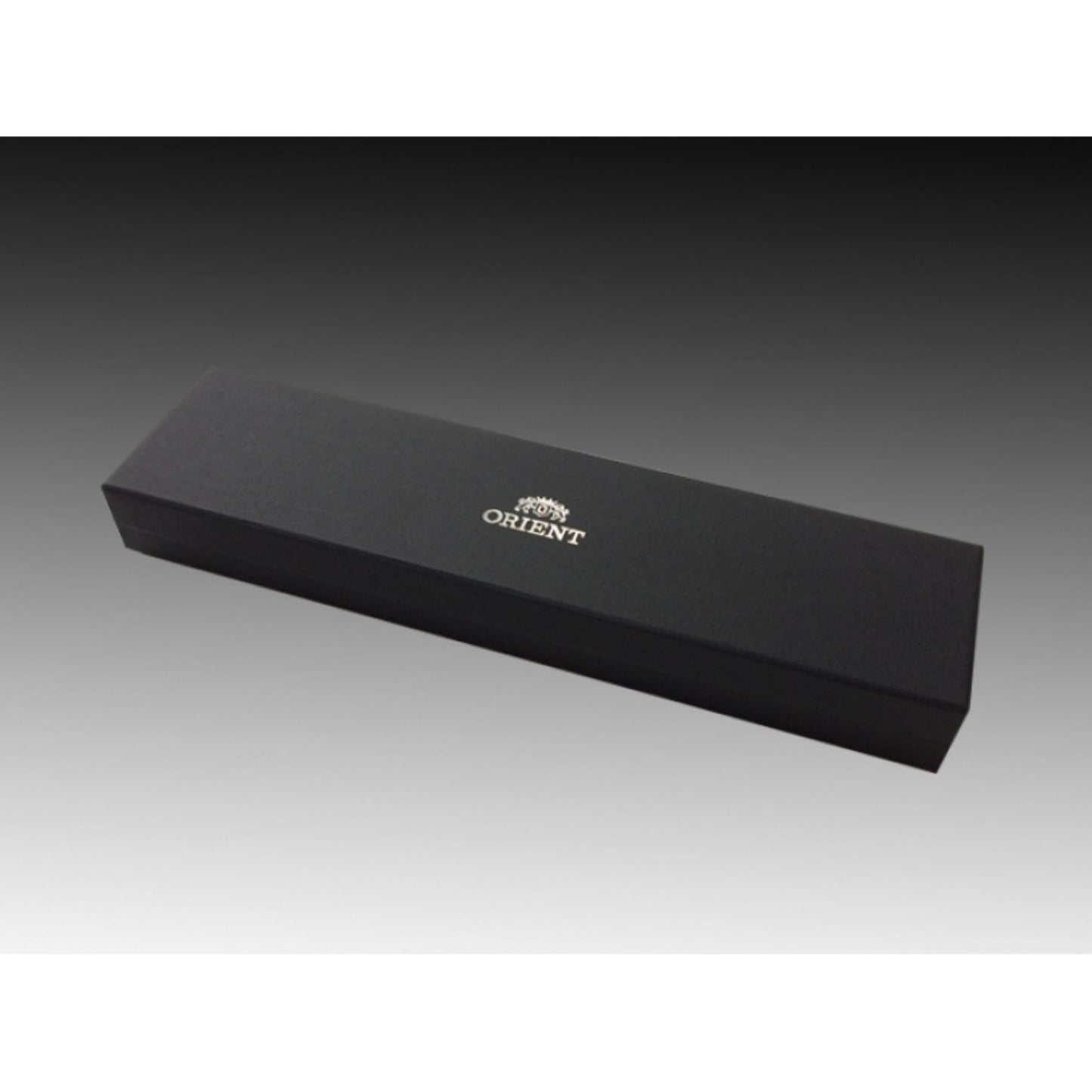 Original Orient watch presentation box in black finish with silver-tone Orient logo and slim rectangular storage design.