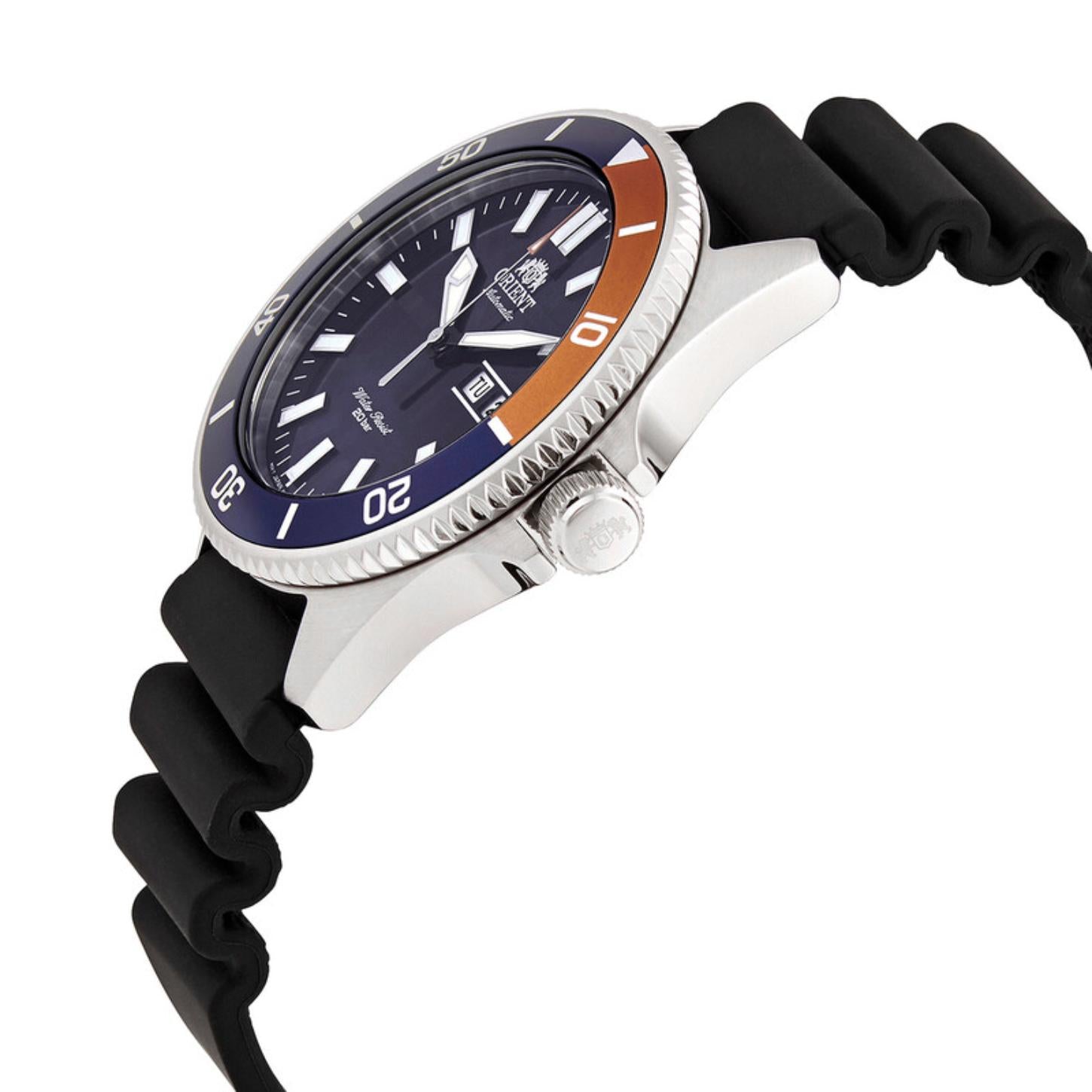 Orient RA-AA0916L19B automatic dive watch with blue dial, blue and orange rotating bezel, stainless steel case, and black rubber strap shown in an angled side view.