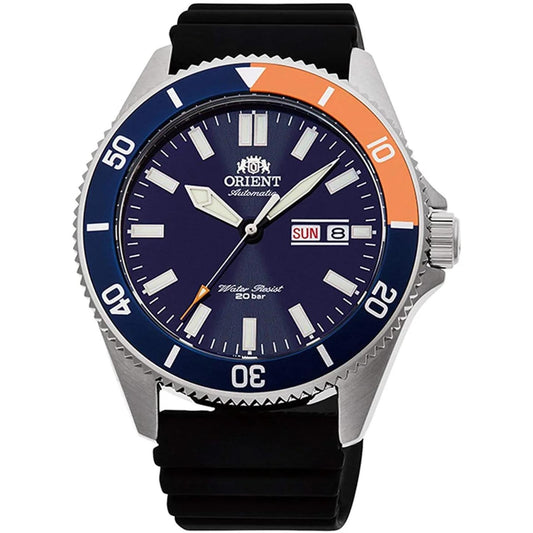 Orient RA-AA0916L19B automatic dive watch with blue dial, blue and orange rotating bezel, and black rubber strap.