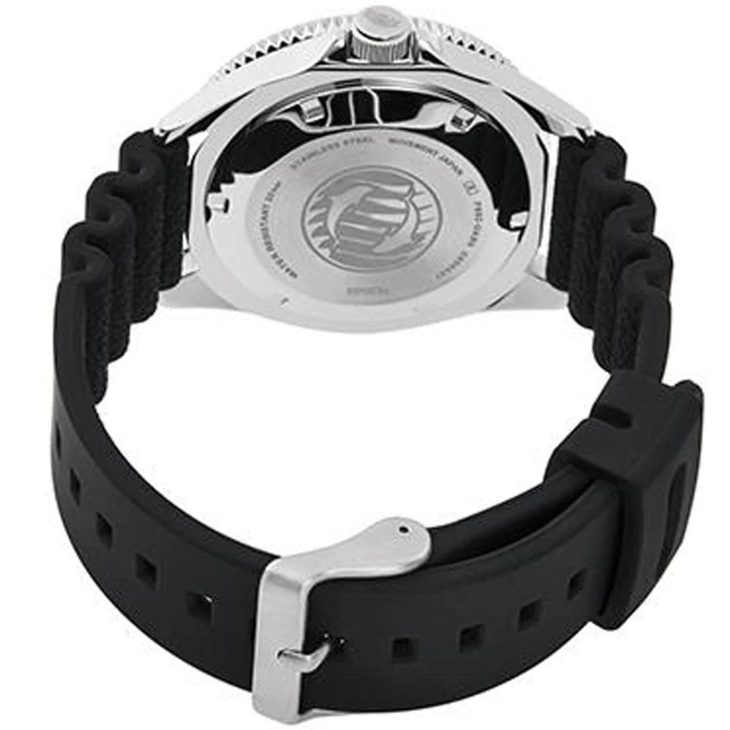 Orient RA-AA0916L19B rear view showing the stainless steel caseback, black rubber strap, and silver-tone buckle closure.