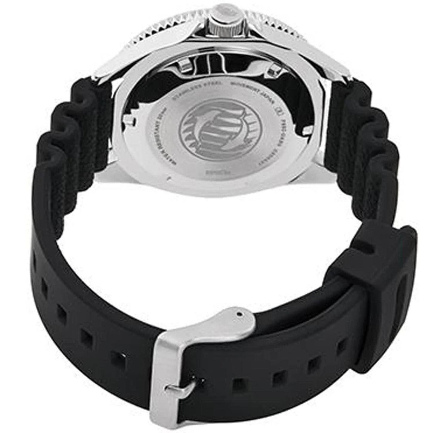 Orient RA-AA0916L19B rear view showing the stainless steel caseback, black rubber strap, and silver-tone buckle closure.
