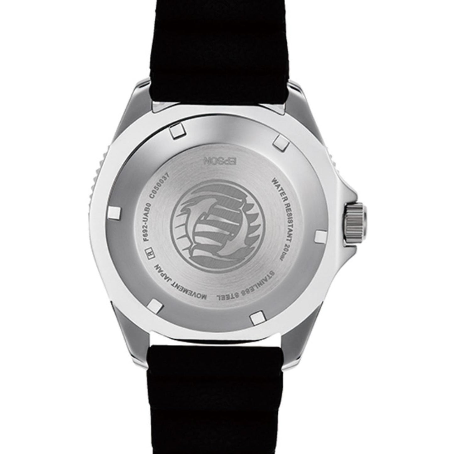 Orient RA-AA0916L19B rear caseback view showing the stainless steel screw-down caseback and black rubber strap.