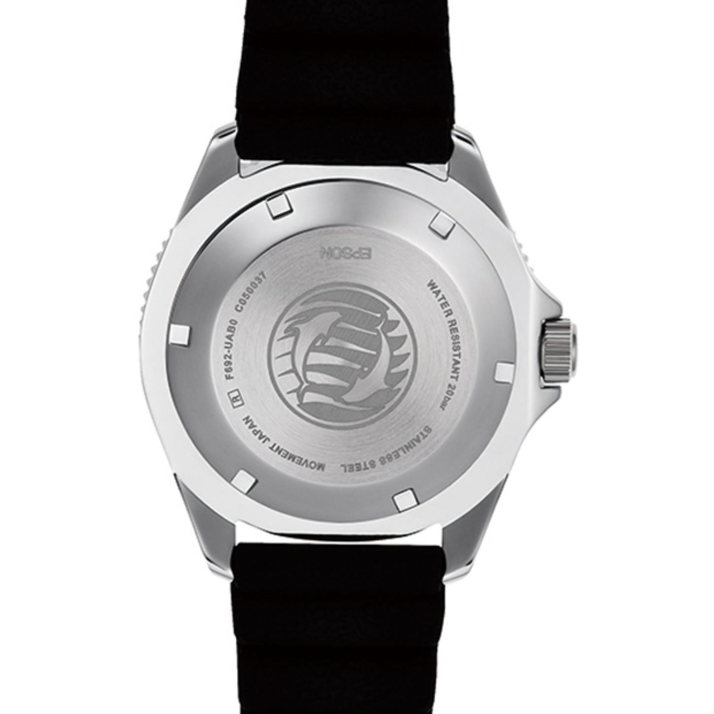 Orient RA-AA0916L19B rear caseback view showing the stainless steel screw-down caseback and black rubber strap.