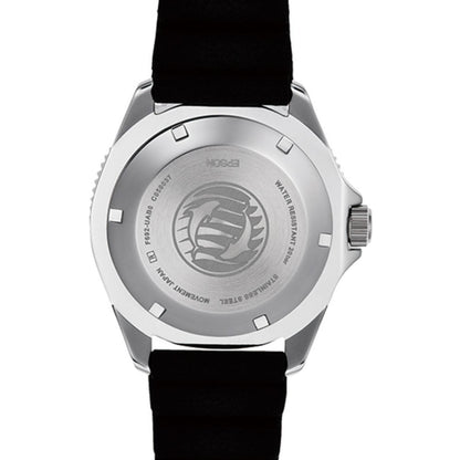 Orient RA-AA0916L19B rear caseback view showing the stainless steel screw-down caseback and black rubber strap.