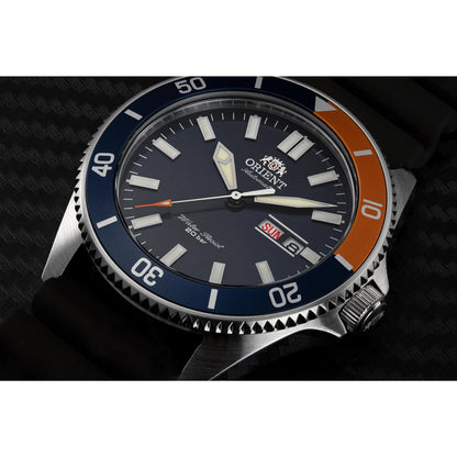 Orient RA-AA0916L19B close-up view showing the blue dial, blue and orange rotating bezel, luminous markers, and stainless steel case.