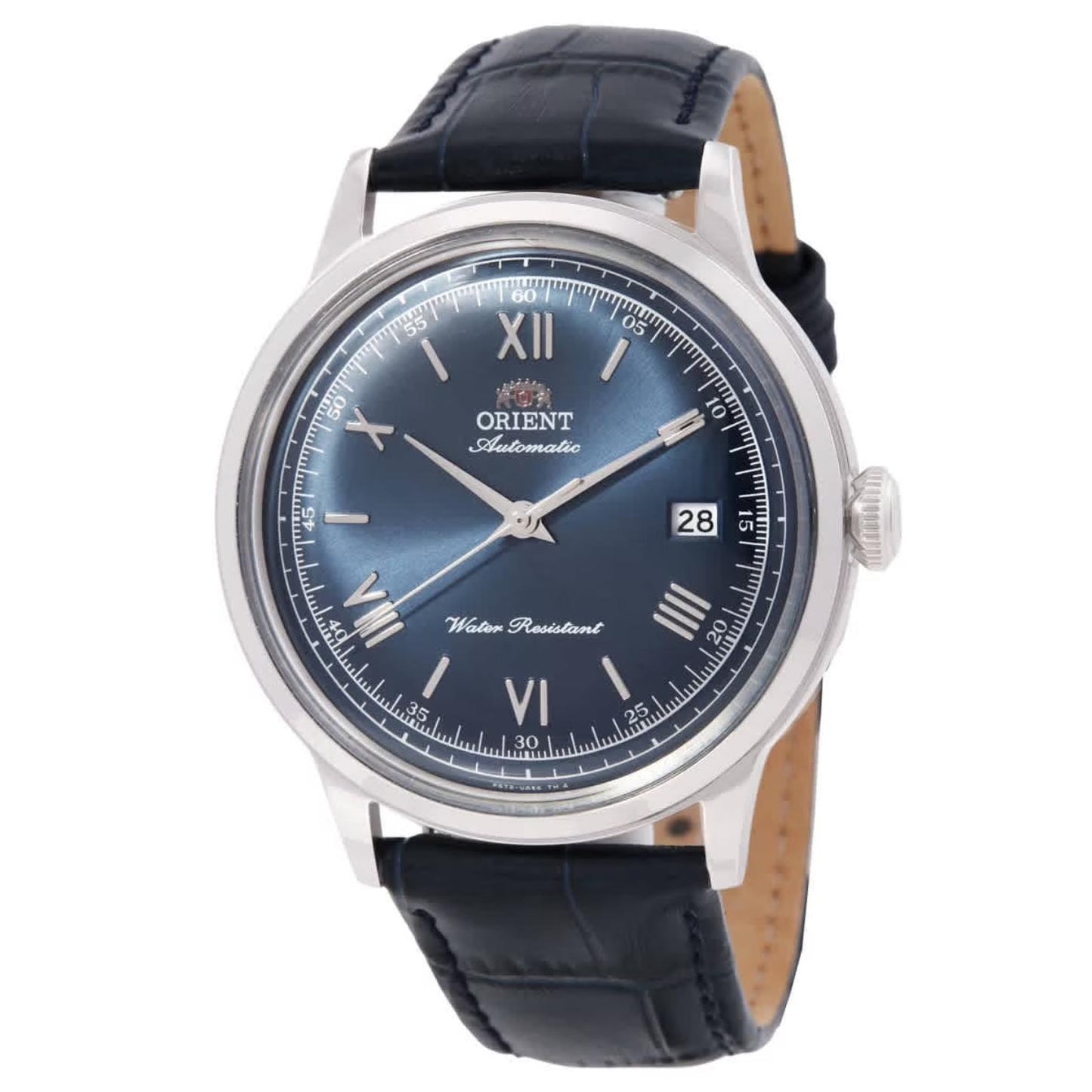 Orient RA-AC0024L30B automatic dress watch with blue sunburst dial, silver-tone case, and blue crocodile-pattern leather strap.