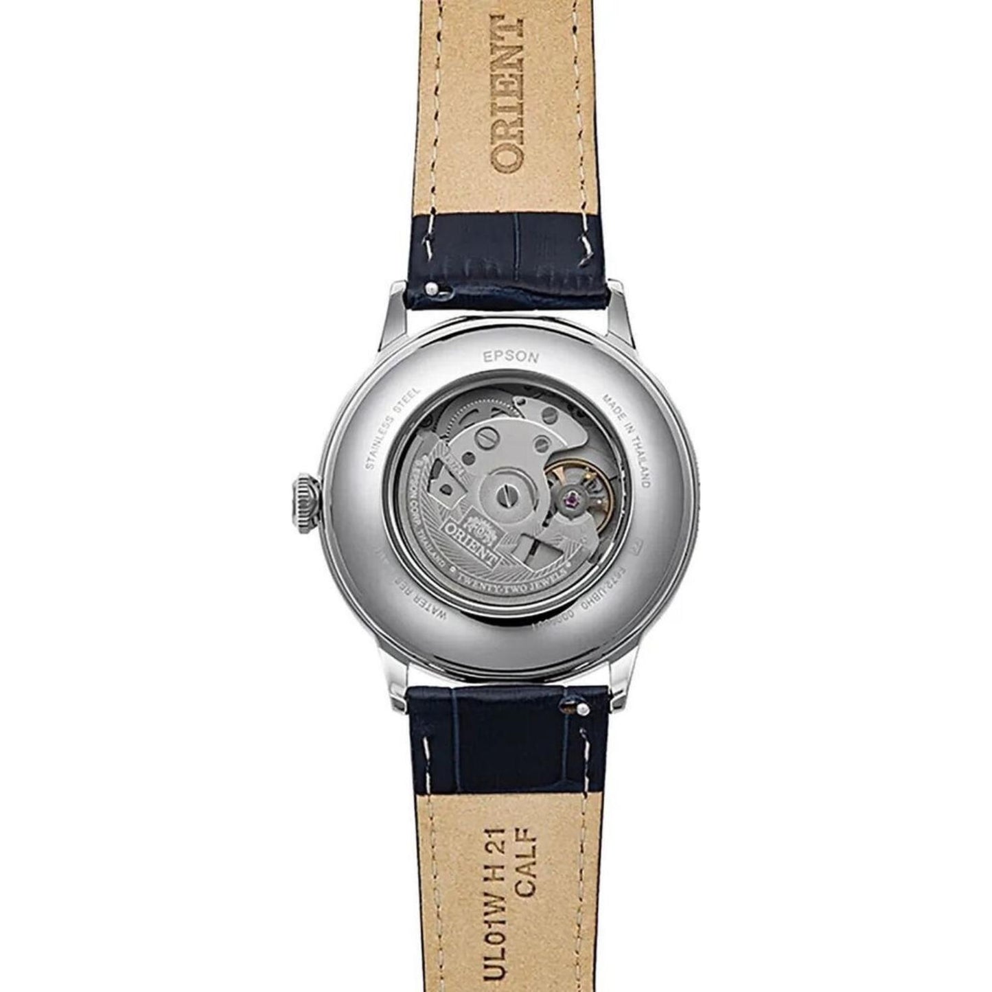 Orient RA-AC0024L30B rear view showing the exhibition caseback, automatic movement, and blue crocodile-pattern leather strap.