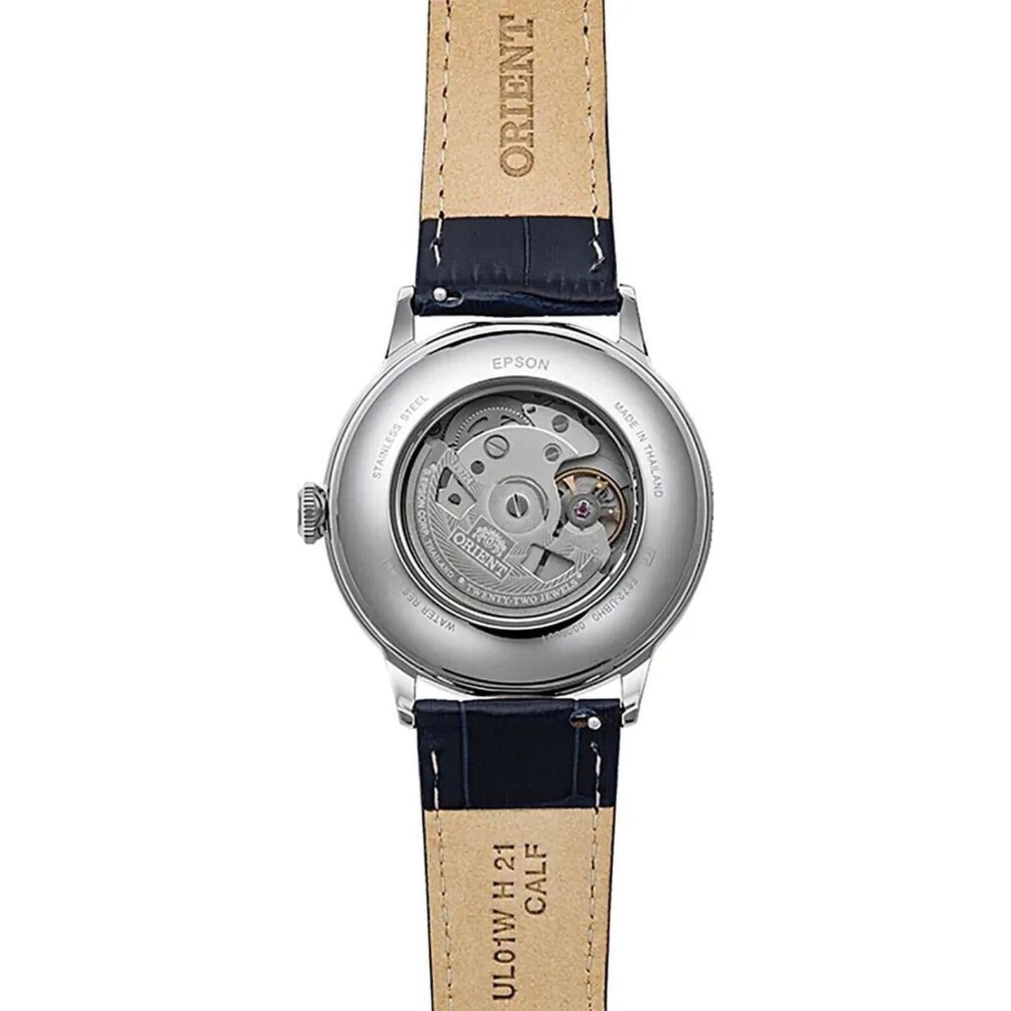 Orient RA-AC0024L30B rear view showing the exhibition caseback, automatic movement, and blue crocodile-pattern leather strap.