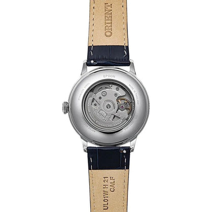 Orient RA-AC0024L30B rear view showing the exhibition caseback, automatic movement, and blue crocodile-pattern leather strap.