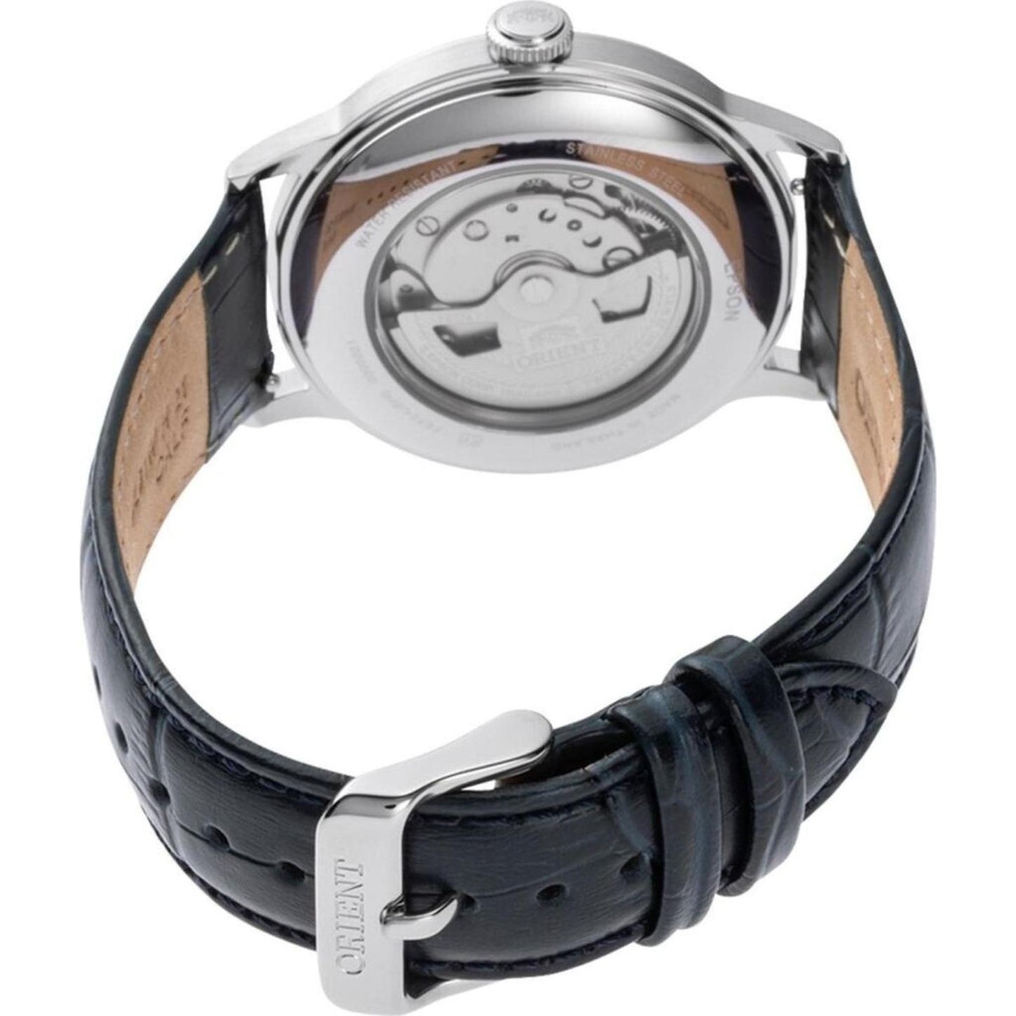 Orient RA-AC0024L30B rear angled view showing the exhibition caseback, blue crocodile-pattern leather strap, and silver-tone buckle closure.