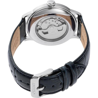 Orient RA-AC0024L30B rear angled view showing the exhibition caseback, blue crocodile-pattern leather strap, and silver-tone buckle closure.