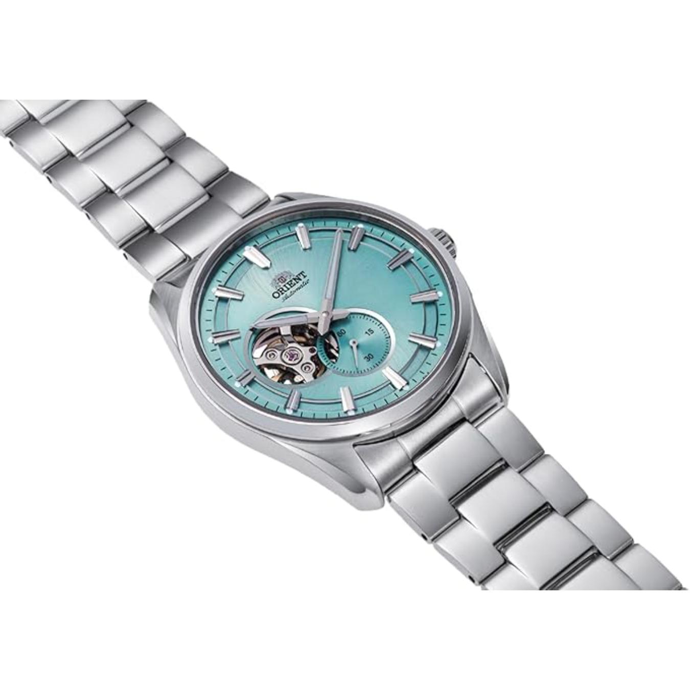 Orient RA-AR0009L automatic dress watch with light blue open-heart dial, small seconds subdial, and stainless steel bracelet shown in an angled view.