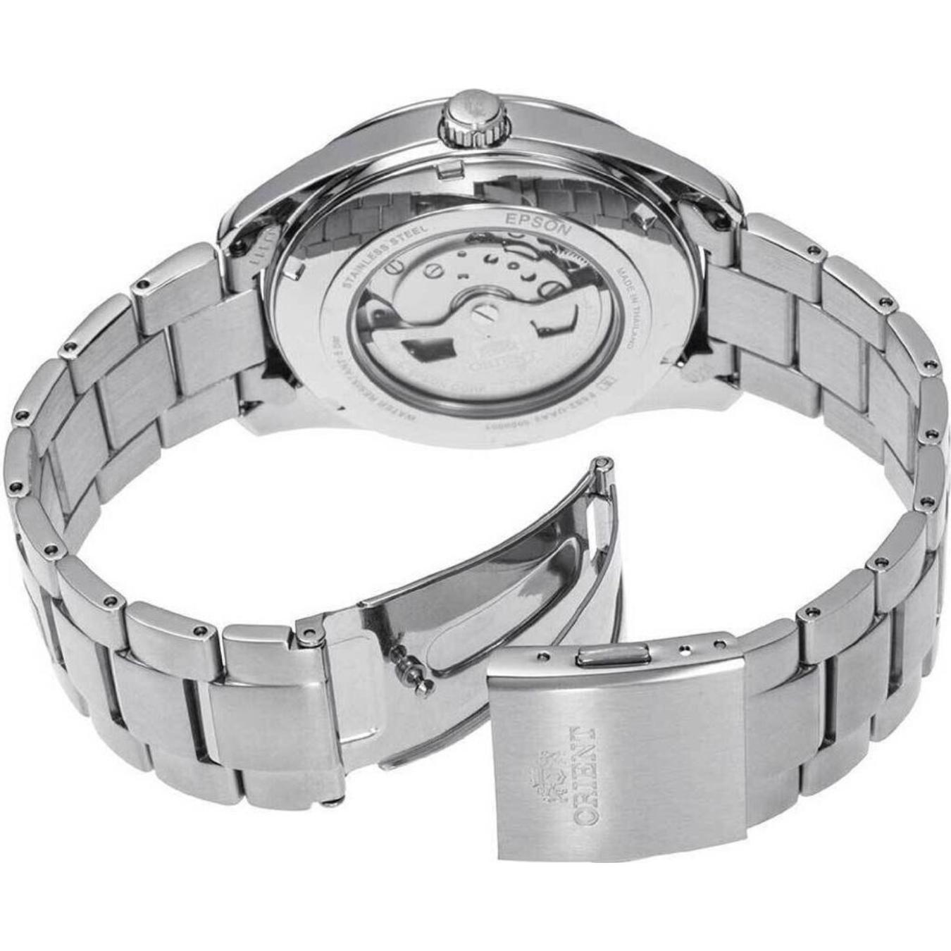 Orient RA-AR0009L rear view showing the exhibition caseback, automatic movement, stainless steel bracelet, and fold-over clasp closure.