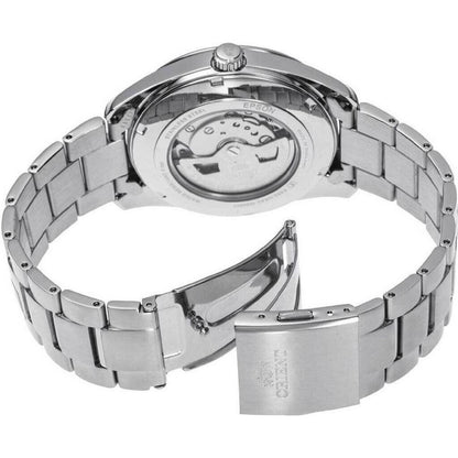 Orient RA-AR0009L rear view showing the exhibition caseback, automatic movement, stainless steel bracelet, and fold-over clasp closure.