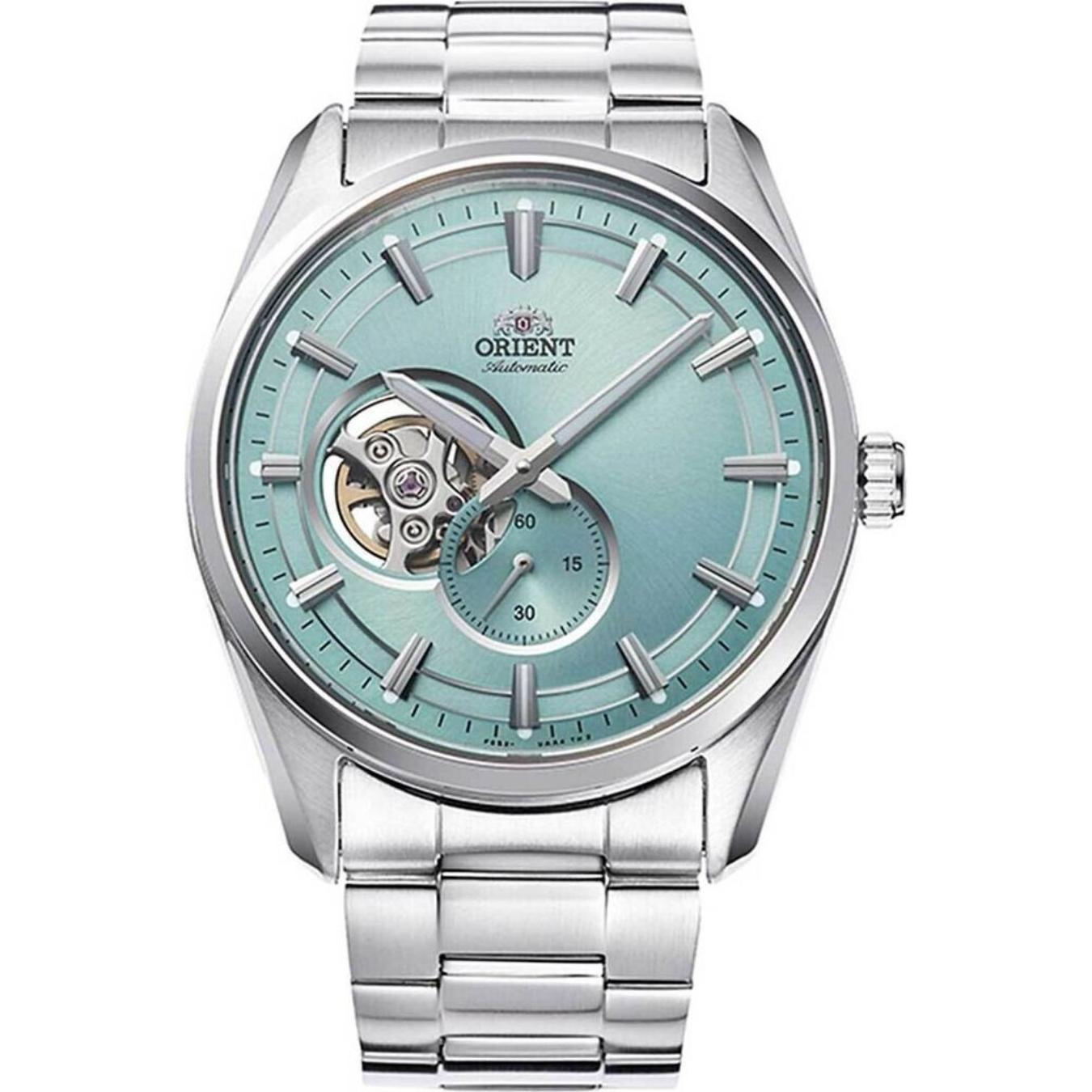 Orient RA-AR0009L automatic dress watch with light blue open-heart dial, small seconds subdial, and stainless steel bracelet.